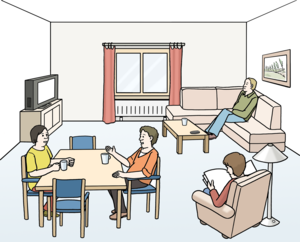 4 Personen sind in einem Wohnzimmer. Eine Person schaut Fernsehen. Eine Person liest in einem Sessel. Zwei Personen sitzen am Tisch und unterhalten sich.