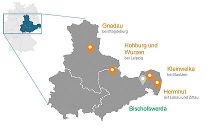 Standorte von Herrnhuter Diakonie und Christlichem Hospiz Ostsachsen in Gnadau, Hohburg, Wurzen, Bischofswerda, Kleinwelka und Herrnhut markiert auf eine Landkarte von Mitteldeutschland